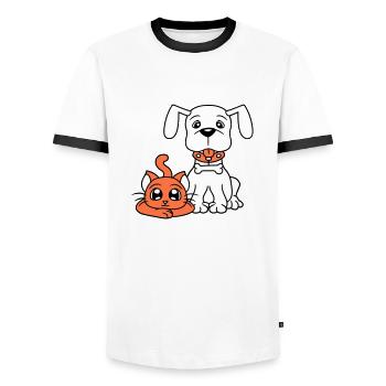 Chien Chat Deux Amis Équipe Chaton 2 Duo Équipage - T-shirt contrasté Homme - blanc/noir - Devant - AI Model Female 172 light (172cm) & AI Model Male 178 dark (178cm)
