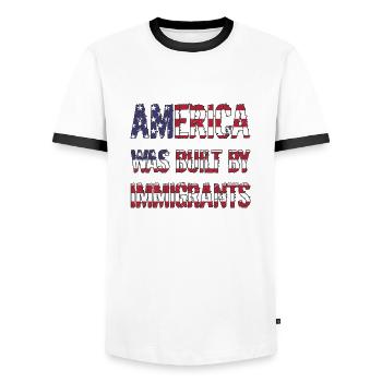 AMERICA WAS BUILT BY IMMIGRANTS Flüchtlingsrechte - Men's Ringer Shirt - white/black - Front - AI Model Female 172 light (172cm) & AI Model Male 178 dark (178cm)