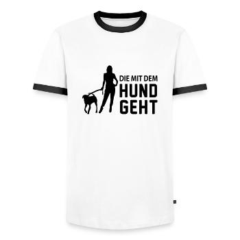 die_mit_dem_hund_geht - Men's Ringer Shirt - white/black - Front - AI Model Female 172 light (172cm) & AI Model Male 178 dark (178cm)
