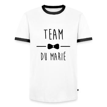 team du marié, enterrement de vie de garçon, EVG - T-shirt contrasté Homme - blanc/noir - Devant - AI Model Female 172 light (172cm) & AI Model Male 178 dark (178cm)