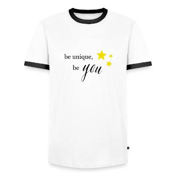 Be unique - Men's Ringer Shirt - white/black - Front - AI Model Female 172 light (172cm) & AI Model Male 178 dark (178cm)