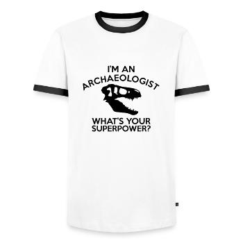 ARCHAEOLOGIST SUPERPOWER - Men's Ringer Shirt - white/black - Front - AI Model Female 172 light (172cm) & AI Model Male 178 dark (178cm)