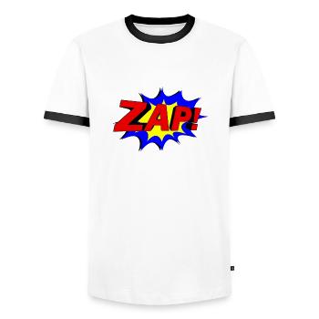 Slogan ZAP! - Men's Ringer Shirt - white/black - Front - AI Model Female 172 light (172cm) & AI Model Male 178 dark (178cm)