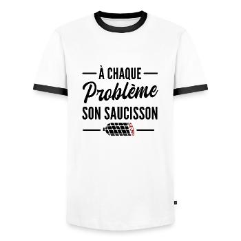 à chaque problème son saucisson - cadeau humour - T-shirt contrasté Homme - blanc/noir - Devant - AI Model Female 172 light (172cm) & AI Model Male 178 dark (178cm)