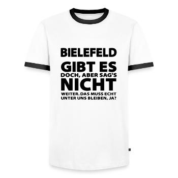 Bielefeld gibt es jetzt doch | Farbwechsel - Männer Kontrast-T-Shirt - Weiß/Schwarz - Vorne - AI Model Female 172 light (172cm) & AI Model Male 178 dark (178cm)