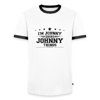 Je suis Johnny en train de faire des choses Johnny - T-shirt contrasté Homme - blanc/noir - Devant - AI Model Female 172 light (172cm) & AI Model Male 178 dark (178cm)