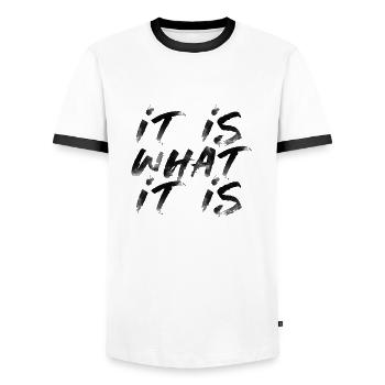 it is what it is funny saying writing English - Men's Ringer Shirt - white/black - Front - AI Model Female 172 light (172cm) & AI Model Male 178 dark (178cm)