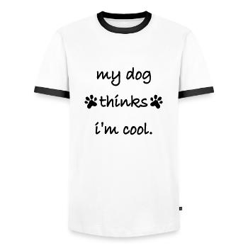 Dog thinks in the cool - Men's Ringer Shirt - white/black - Front - AI Model Female 172 light (172cm) & AI Model Male 178 dark (178cm)
