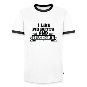 J’aime les mégots de cochon et je ne peux pas mentir - T-shirt contrasté Homme - blanc/noir - Devant - AI Model Female 172 light (172cm) & AI Model Male 178 dark (178cm)