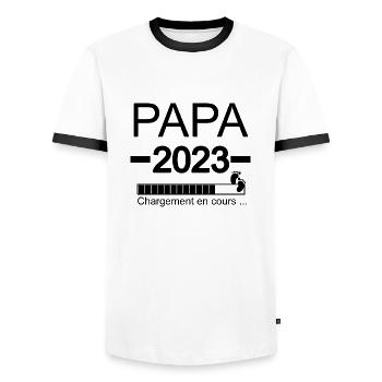 Homme Papa 2023 - Papa En Cours Annonce Grossesse - T-shirt contrasté Homme - blanc/noir - Devant - AI Model Female 172 light (172cm) & AI Model Male 178 dark (178cm)