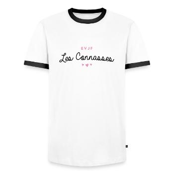 T-shirt EVJF "Les Connasses" - T-shirt contrasté Homme - blanc/noir - Devant - AI Model Female 172 light (172cm) & AI Model Male 178 dark (178cm)