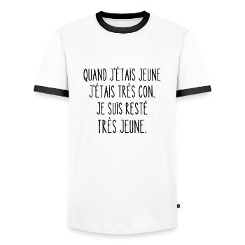 quand j'étais jeune j'étais très con - T-shirt contrasté Homme - blanc/noir - Devant - AI Model Female 172 light (172cm) & AI Model Male 178 dark (178cm)