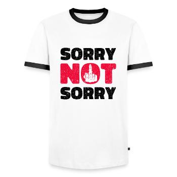 Sorry Not Sorry. Ironic and Funny Design - Men's Ringer Shirt - white/black - Front - AI Model Female 172 light (172cm) & AI Model Male 178 dark (178cm)