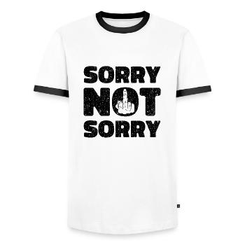 Sorry Not Sorry. Ironic and Funny Design - Men's Ringer Shirt - white/black - Front - AI Model Female 172 light (172cm) & AI Model Male 178 dark (178cm)