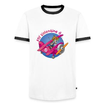 Ma Saint-Valentin, pilote avec des fleurs dans l’avion - T-shirt contrasté Homme - blanc/noir - Devant - AI Model Female 172 light (172cm) & AI Model Male 178 dark (178cm)