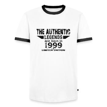 Legends are born in Vintage - Men's Ringer Shirt - white/black - Front - AI Model Female 172 light (172cm) & AI Model Male 178 dark (178cm)