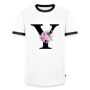 Lettre y floral violet - T-shirt contrasté Homme - blanc/noir - Devant - AI Model Female 172 light (172cm) & AI Model Male 178 dark (178cm)