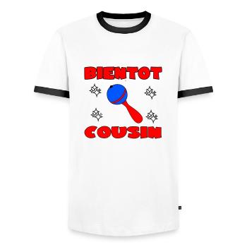 SOON COUSIN - Men's Ringer Shirt - white/black - Front - AI Model Female 172 light (172cm) & AI Model Male 178 dark (178cm)