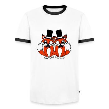 2 Foxes Friends Top Hat Men's Monocle Glasses - Men's Ringer Shirt - white/black - Front - AI Model Female 172 light (172cm) & AI Model Male 178 dark (178cm)