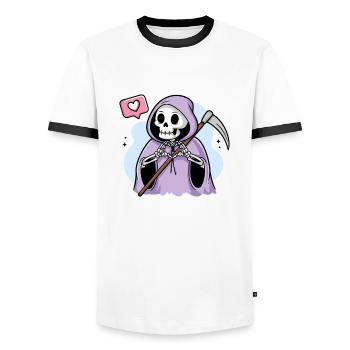 A Reaper's Romance tshirt - Men's Ringer Shirt - white/black - Front - AI Model Female 172 light (172cm) & AI Model Male 178 dark (178cm)