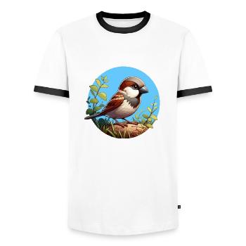 Spatz auf einem Ast - Männer Kontrast-T-Shirt - Weiß/Schwarz - Vorne - AI Model Female 172 light (172cm) & AI Model Male 178 dark (178cm)