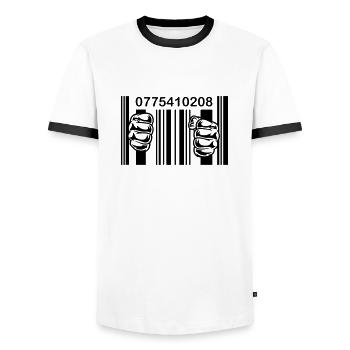 PRISON BARCODE - Männer Kontrast-T-Shirt - Weiß/Schwarz - Vorne - AI Model Female 172 light (172cm) & AI Model Male 178 dark (178cm)