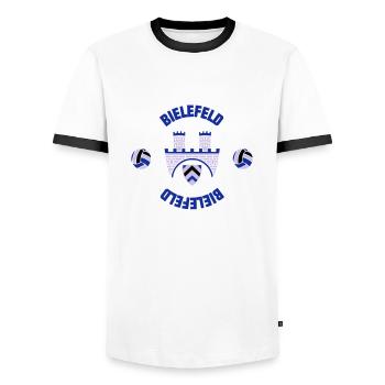 Bielefeld (ID: 001013) - Männer Kontrast-T-Shirt - Weiß/Schwarz - Vorne - AI Model Female 172 light (172cm) & AI Model Male 178 dark (178cm)