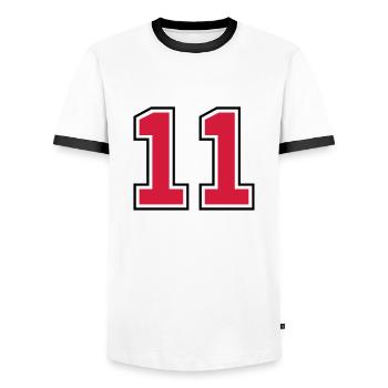11__f2 - Männer Kontrast-T-Shirt - Weiß/Schwarz - Vorne - AI Model Female 172 light (172cm) & AI Model Male 178 dark (178cm)