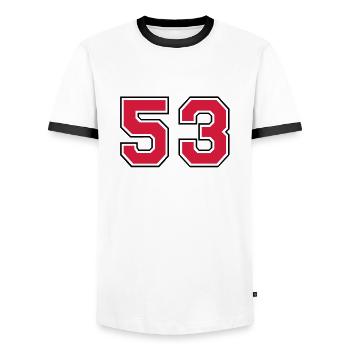 53__f2 - Men's Ringer Shirt - white/black - Front - AI Model Female 172 light (172cm) & AI Model Male 178 dark (178cm)
