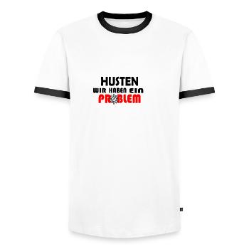 HUSTEN WIR HABEN EIN PROBLEM - Männer Kontrast-T-Shirt - Weiß/Schwarz - Vorne - AI Model Female 172 light (172cm) & AI Model Male 178 dark (178cm)