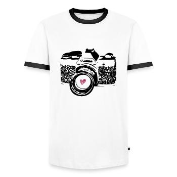 Black camera with flowers - Men's Ringer Shirt - white/black - Front - AI Model Female 172 light (172cm) & AI Model Male 178 dark (178cm)