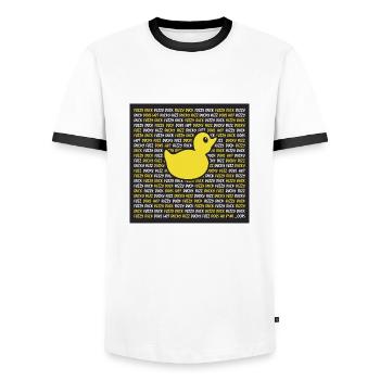 Fuzzy Duck, Ducky Fuzz, Drinking Game Design - Men's Ringer Shirt - white/black - Front - AI Model Female 172 light (172cm) & AI Model Male 178 dark (178cm)