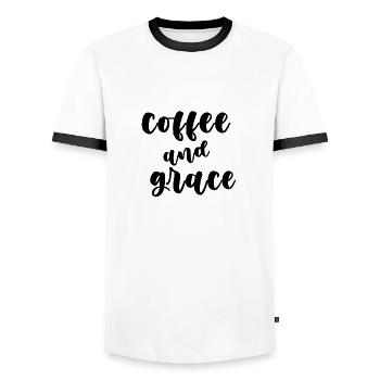 coffee and grace - Men's Ringer Shirt - white/black - Front - AI Model Female 172 light (172cm) & AI Model Male 178 dark (178cm)