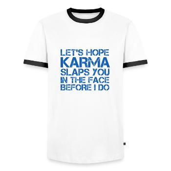 KARMA SCHLÄGT DIR INS GESICHT - Männer Kontrast-T-Shirt - Weiß/Schwarz - Vorne - AI Model Female 172 light (172cm) & AI Model Male 178 dark (178cm)