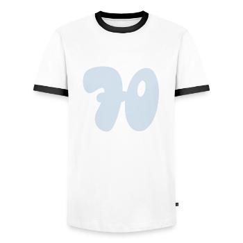 Numéro 70 bleu pastel - T-shirt contrasté Homme - blanc/noir - Devant - AI Model Female 172 light (172cm) & AI Model Male 178 dark (178cm)