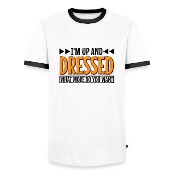 Je suis debout et habillé, que veux-tu de plus 7 - T-shirt contrasté Homme - blanc/noir - Devant - AI Model Female 172 light (172cm) & AI Model Male 178 dark (178cm)