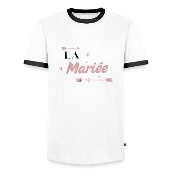 The Bride Pink Arrow - Men's Ringer Shirt - white/black - Front - AI Model Female 172 light (172cm) & AI Model Male 178 dark (178cm)