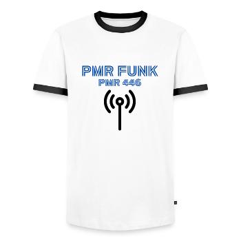 PMR RADIO Operator - Men's Ringer Shirt - white/black - Front - AI Model Female 172 light (172cm) & AI Model Male 178 dark (178cm)