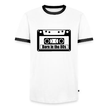 né dans les années 80 - T-shirt contrasté Homme - blanc/noir - Devant - AI Model Female 172 light (172cm) & AI Model Male 178 dark (178cm)