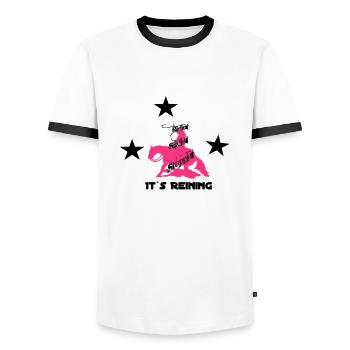 Reining Westernreiter Sliding Stop - Männer Kontrast-T-Shirt - Weiß/Schwarz - Vorne - AI Model Female 172 light (172cm) & AI Model Male 178 dark (178cm)