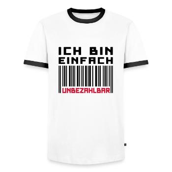 Unbezahlbar (Barcode) - Männer Kontrast-T-Shirt - Weiß/Schwarz - Vorne - AI Model Female 172 light (172cm) & AI Model Male 178 dark (178cm)