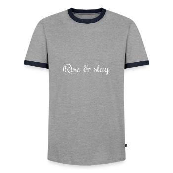 Rise & slay - Men's Ringer Shirt - grey/navy  - Front - AI Model Female 172 light (172cm) & AI Model Male 178 light (178cm)