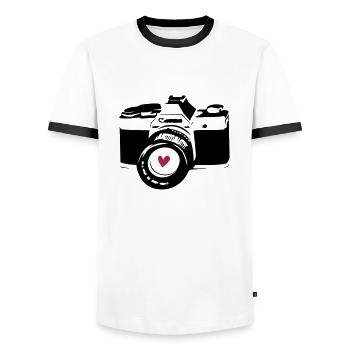 Black camera with heart - Men's Ringer Shirt - white/black - Front - AI Model Female 172 light (172cm) & AI Model Male 178 dark (178cm)