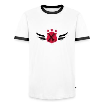 Hairdresser - Hairdresser - Dressing table - Men's Ringer Shirt - white/black - Front - AI Model Female 172 light (172cm) & AI Model Male 178 dark (178cm)