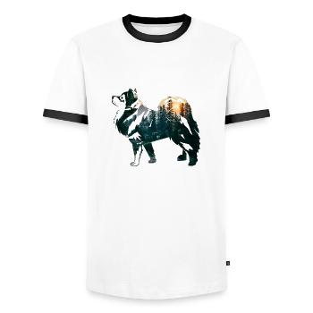 Lapphund finlandais avec forêt - T-shirt contrasté Homme - blanc/noir - Devant - AI Model Female 172 light (172cm) & AI Model Male 178 dark (178cm)