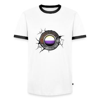 Powered by the Non Binary Pride Steampunk Engine - Men's Ringer Shirt - white/black - Front - AI Model Female 172 light (172cm) & AI Model Male 178 dark (178cm)