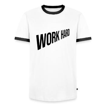 Design Work Hard - Men's Ringer Shirt - white/black - Front - AI Model Female 172 light (172cm) & AI Model Male 178 dark (178cm)