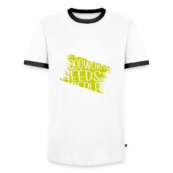 felling carpenter joke hobbyists - Men's Ringer Shirt - white/black - Front - AI Model Female 172 light (172cm) & AI Model Male 178 dark (178cm)