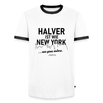 Halver is like New York - Men's Ringer Shirt - white/black - Front - AI Model Female 172 light (172cm) & AI Model Male 178 dark (178cm)