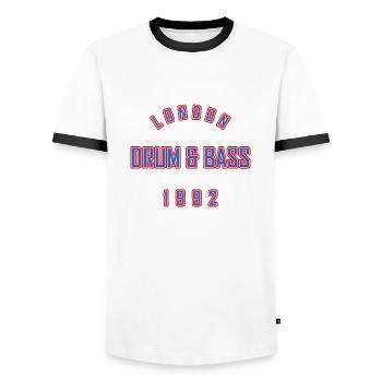 DRUM AND BASS 1992 - Men's Ringer Shirt - white/black - Front - AI Model Female 172 light (172cm) & AI Model Male 178 dark (178cm)